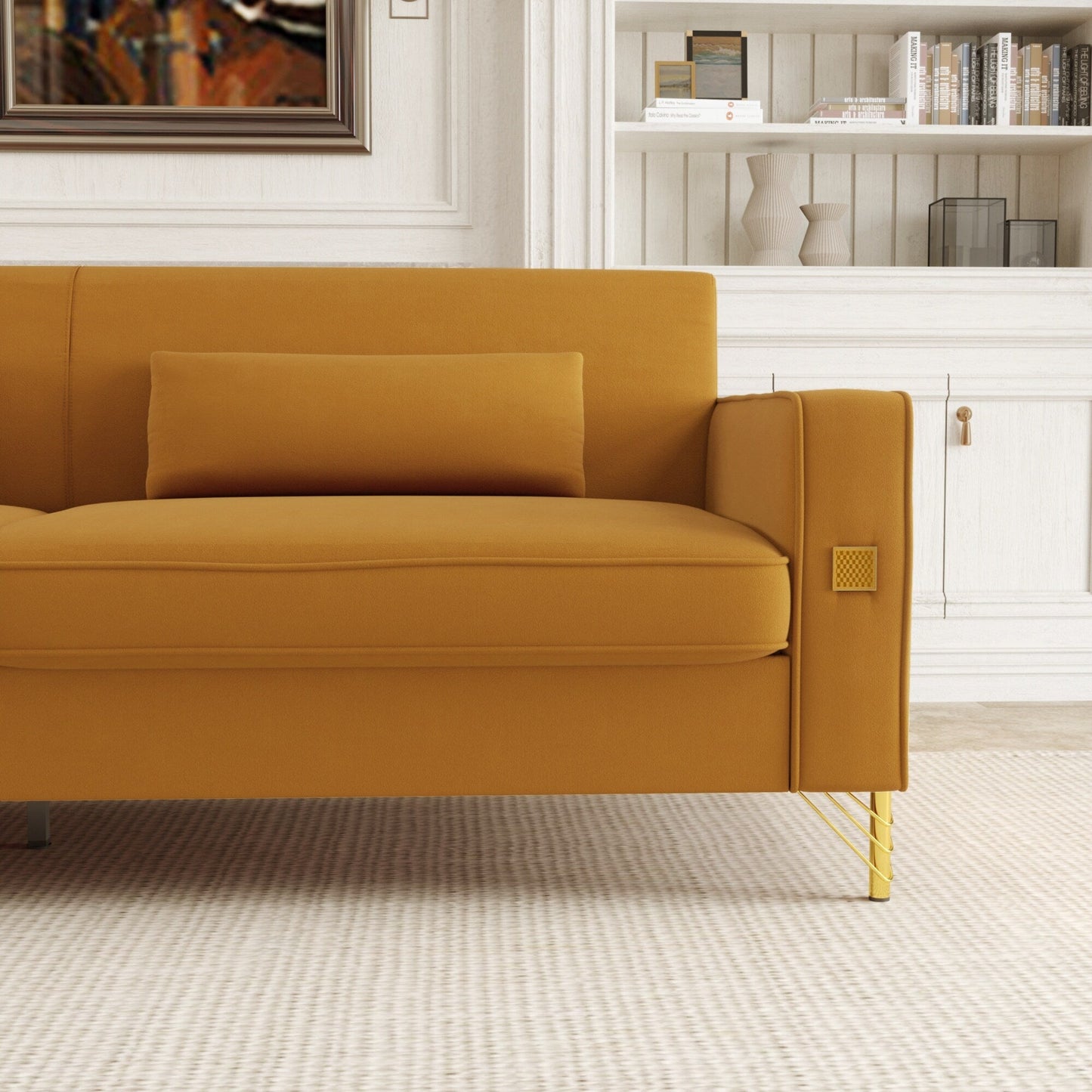 Canapé 3 places en velours orange moderne 85,63 avec touches dorées et coussins moelleux pour le salon