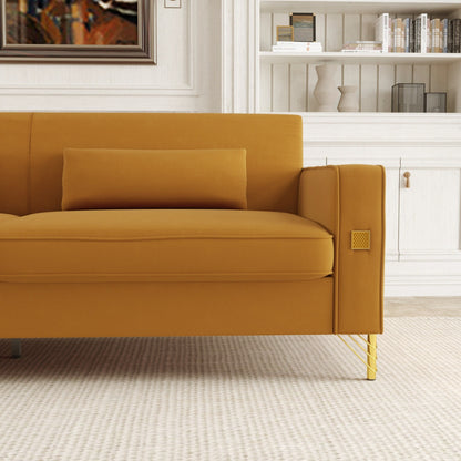 Canapé 3 places en velours orange moderne 85,63 avec touches dorées et coussins moelleux pour le salon
