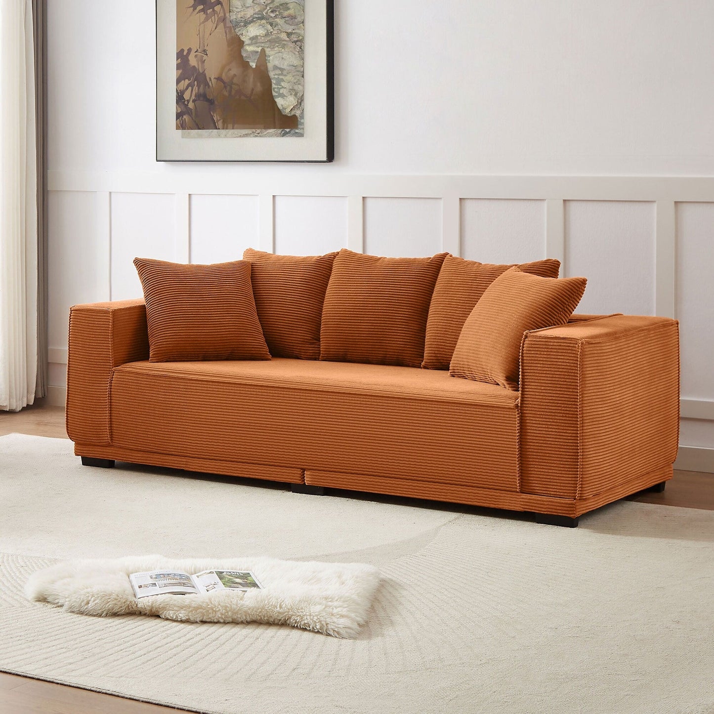 Canapé 3 places rembourré orange moderne 88,97 $ avec cadre inférieur et 5 coussins décoratifs, canapé confortable pour salon et chambre.