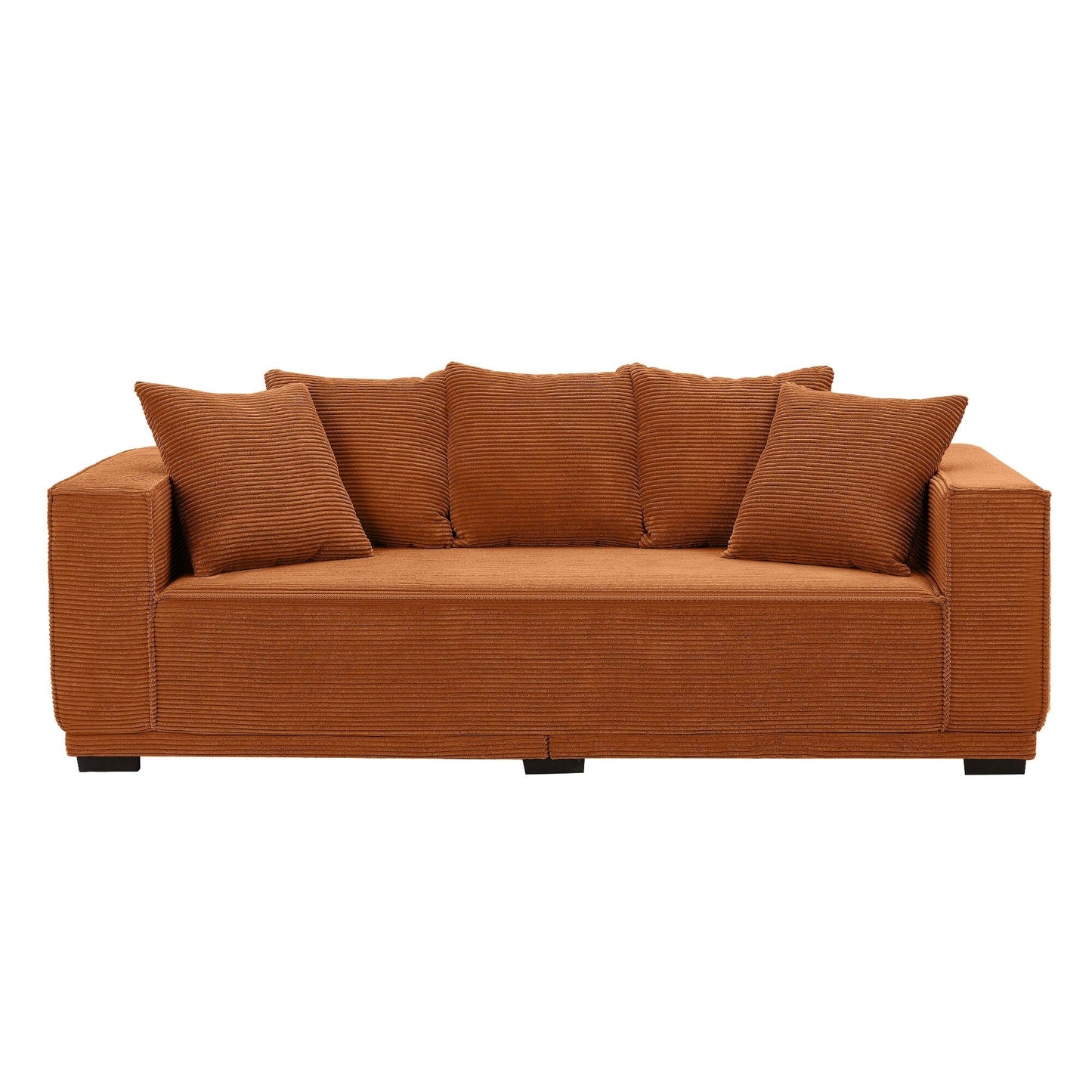 Canapé 3 places rembourré orange moderne de 225 cm avec 5 coussins décoratifs, cadre inférieur, canapé confortable pour le salon ou la chambre
