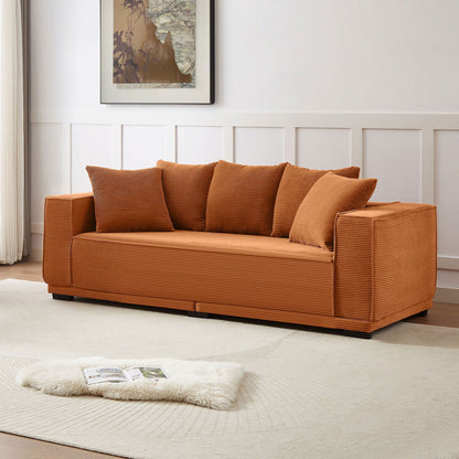 Canapé 3 places rembourré orange moderne de 225 cm avec cadre inférieur et 5 coussins décoratifs - Canapé confortable pour salon et chambre