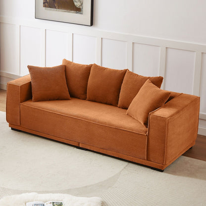 Canapé 3 places rembourré orange moderne de 225 cm avec cadre inférieur et 5 coussins décoratifs - Canapé confortable pour salon et chambre