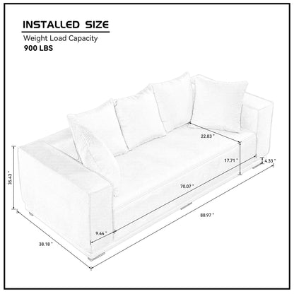 Canapé 3 places rembourré orange moderne de 225 cm avec cadre inférieur et 5 coussins décoratifs - Canapé confortable pour salon et chambre