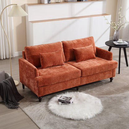 Canapé 2 places moderne en chenille orange 68,9 pouces : coussins amovibles, cadre en bois massif et pieds en bois marron