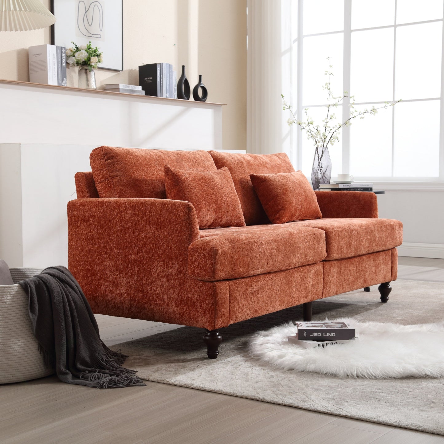 Canapé 2 places moderne en chenille orange 68,9 pouces : coussins amovibles, cadre en bois massif et pieds en bois marron