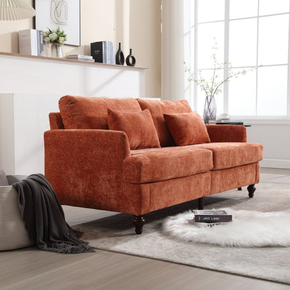 Canapé 2 places moderne en chenille orange 68,9 pouces : coussins amovibles, cadre en bois massif et pieds en bois marron