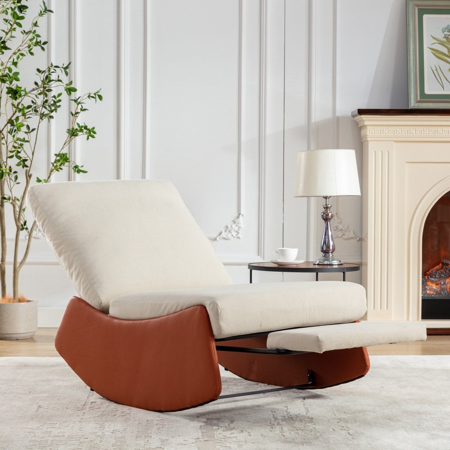 Fauteuil inclinable à bascule rembourré en velours côtelé orange et beige moderne avec repose-pieds et pieds en cuir synthétique pour salon et chambre à coucher