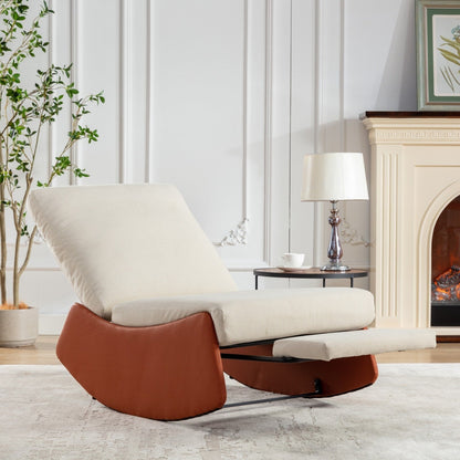 Fauteuil inclinable à bascule rembourré en velours côtelé orange et beige moderne avec repose-pieds et pieds en cuir synthétique pour salon et chambre à coucher
