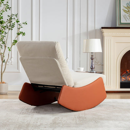 Fauteuil inclinable à bascule rembourré en velours côtelé orange et beige moderne avec repose-pieds et pieds en cuir synthétique pour salon et chambre à coucher