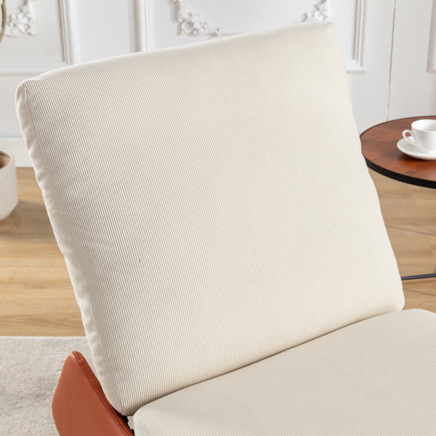 Fauteuil inclinable à bascule rembourré en velours côtelé orange et beige moderne avec repose-pieds et pieds en cuir synthétique pour salon et chambre à coucher