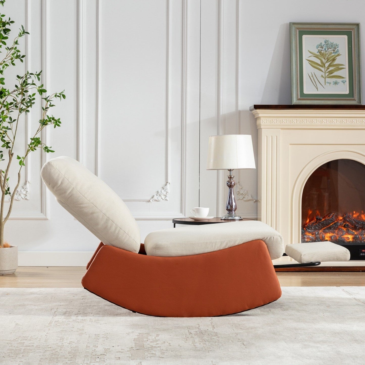 Fauteuil inclinable à bascule rembourré en velours côtelé orange et beige moderne avec repose-pieds et pieds en cuir synthétique pour salon et chambre à coucher