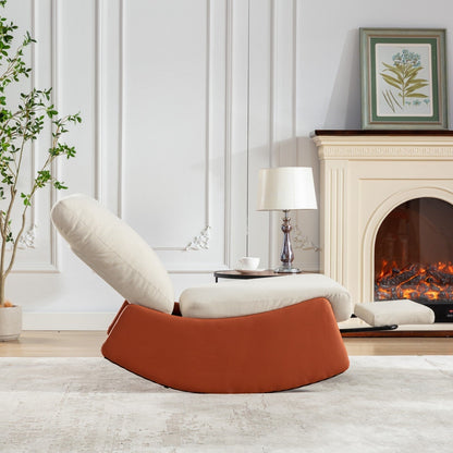 Fauteuil inclinable à bascule rembourré en velours côtelé orange et beige moderne avec repose-pieds et pieds en cuir synthétique pour salon et chambre à coucher