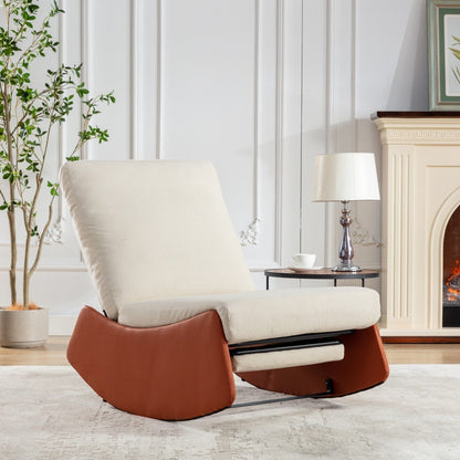 Fauteuil inclinable à bascule rembourré en velours côtelé orange et beige moderne avec repose-pieds et pieds en cuir synthétique pour salon et chambre à coucher