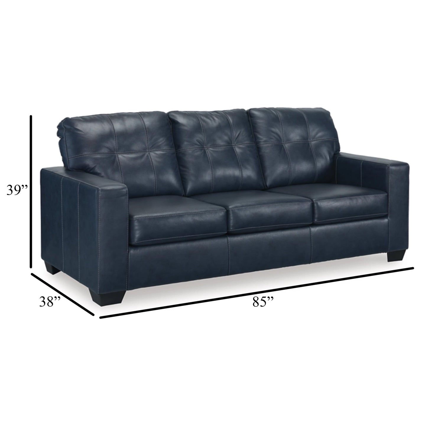 Canapé Orion, coussins capitonnés en cuir véritable et similicuir bleu océan, 85 pouces