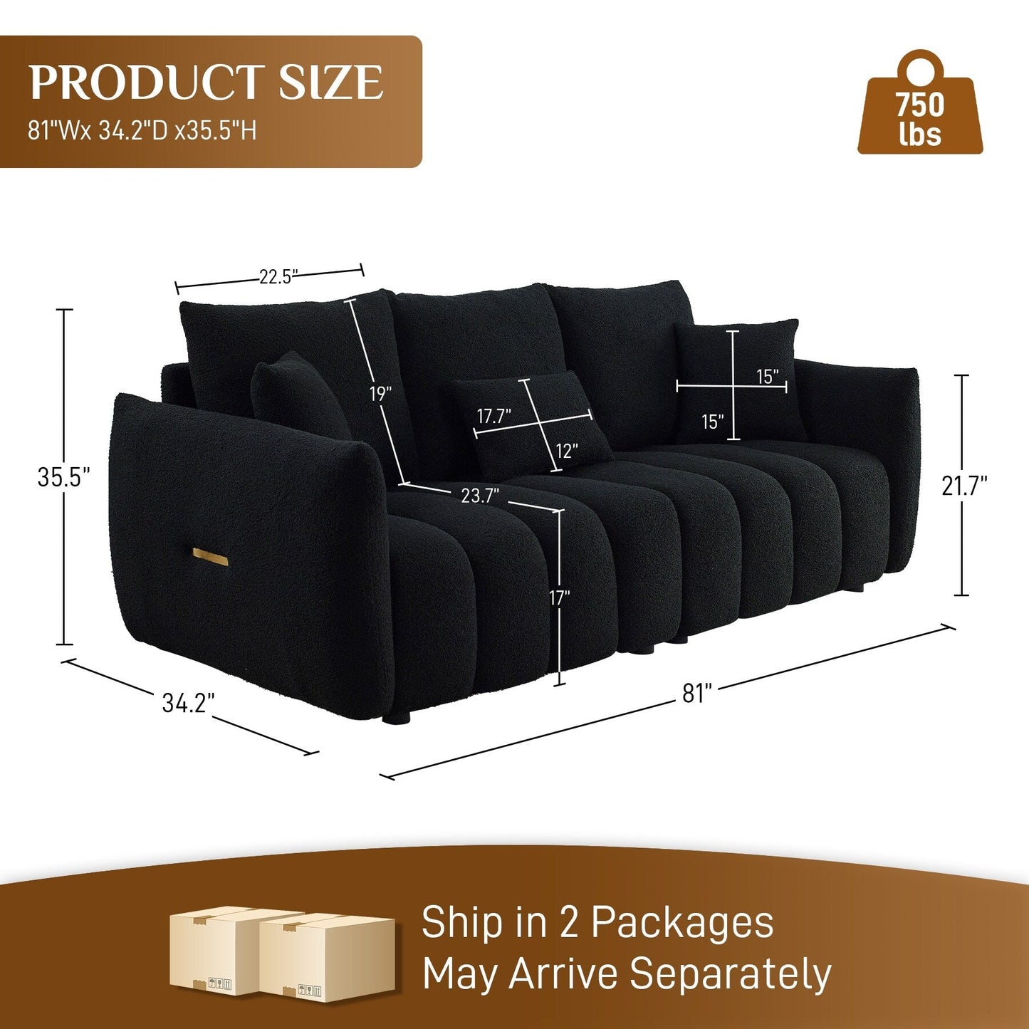 Canapé Ouyessir rembourré en tissu doux avec 3 coussins