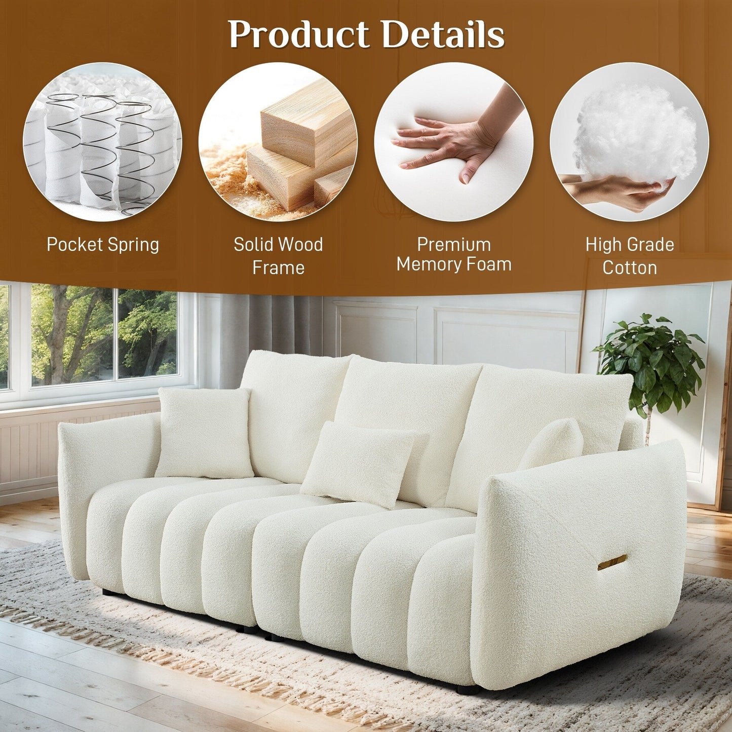 Canapé Ouyessir rembourré en tissu doux avec 3 coussins