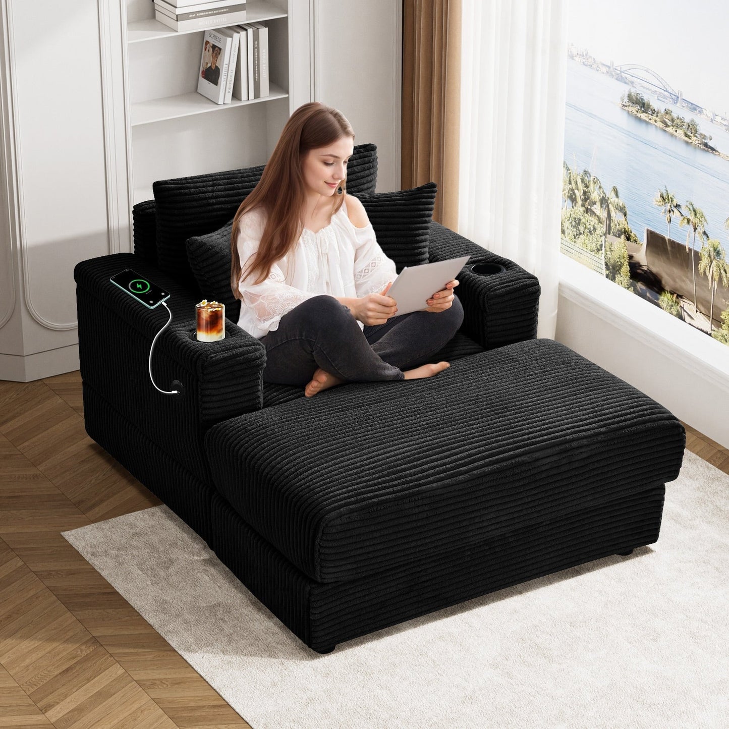 Canapé simple rembourré Ouyessir avec pouf pour salon