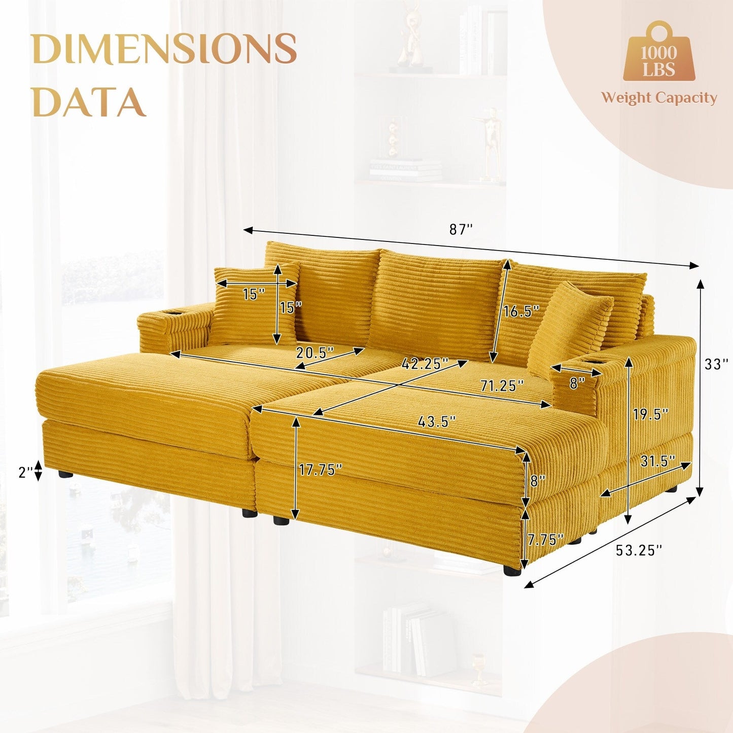 Canapé simple rembourré Ouyessir avec pouf pour salon