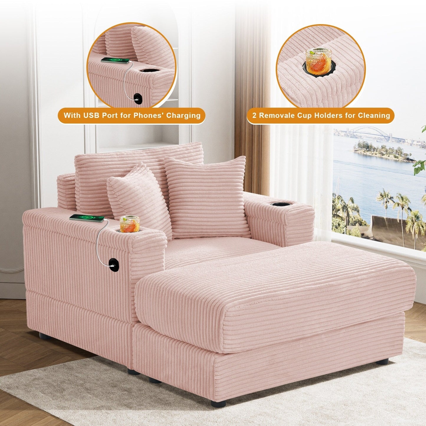 Canapé simple rembourré Ouyessir avec pouf pour salon