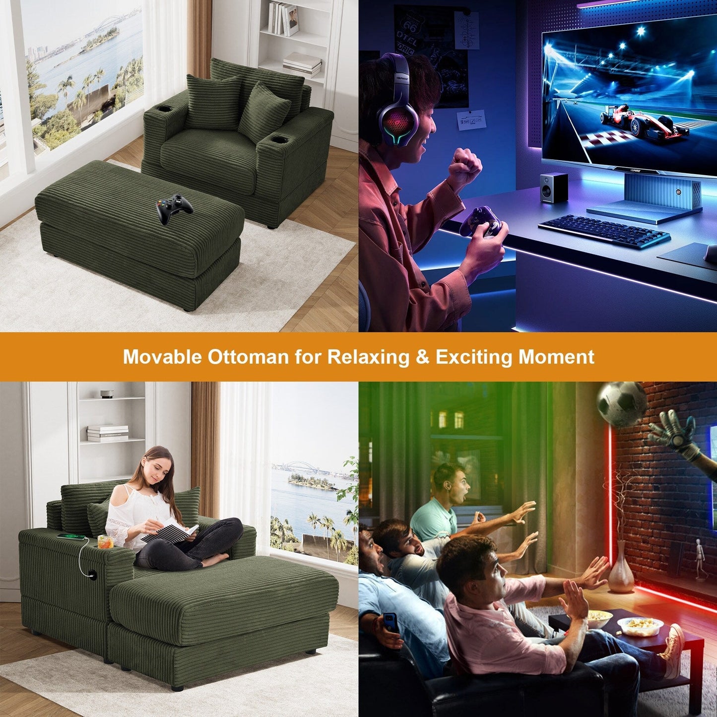 Canapé simple rembourré Ouyessir avec pouf pour salon