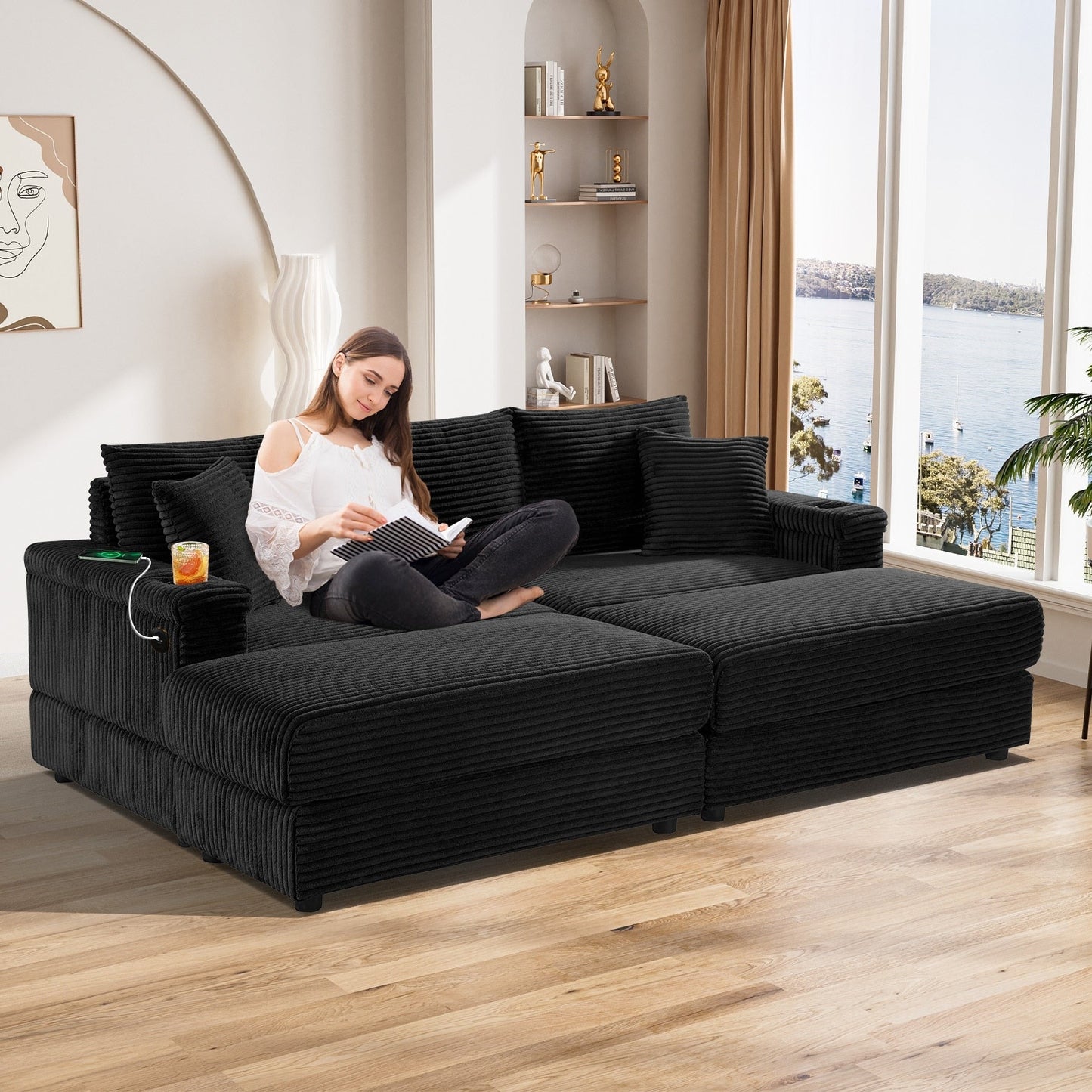 Canapé simple rembourré Ouyessir avec pouf pour salon