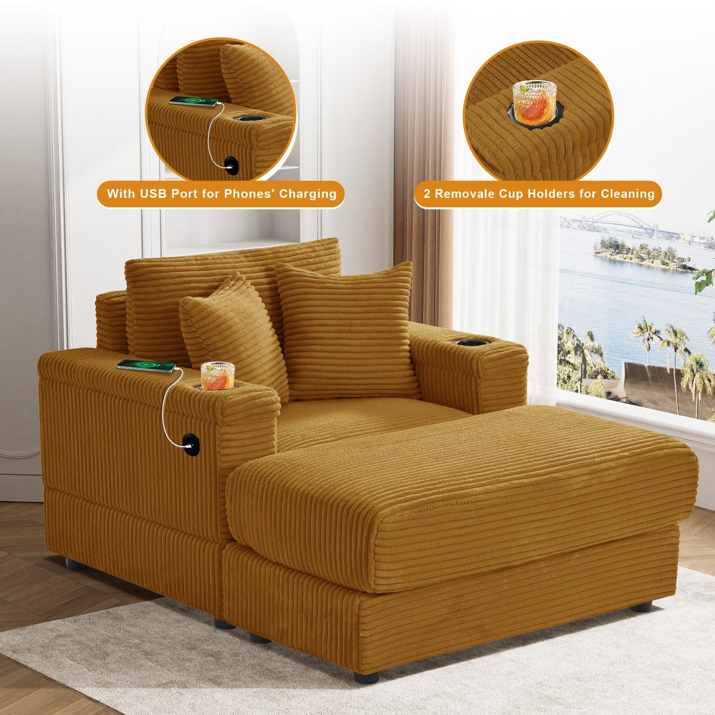 Canapé simple rembourré Ouyessir avec pouf pour salon