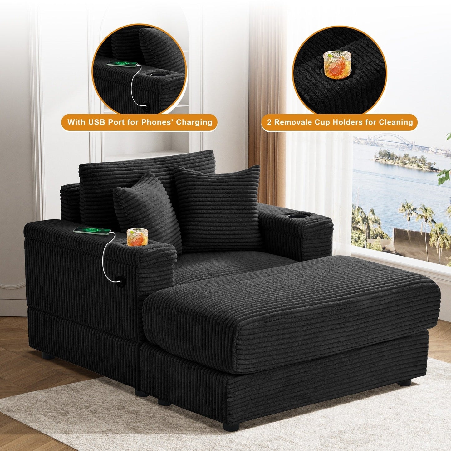 Canapé simple rembourré Ouyessir avec pouf pour salon