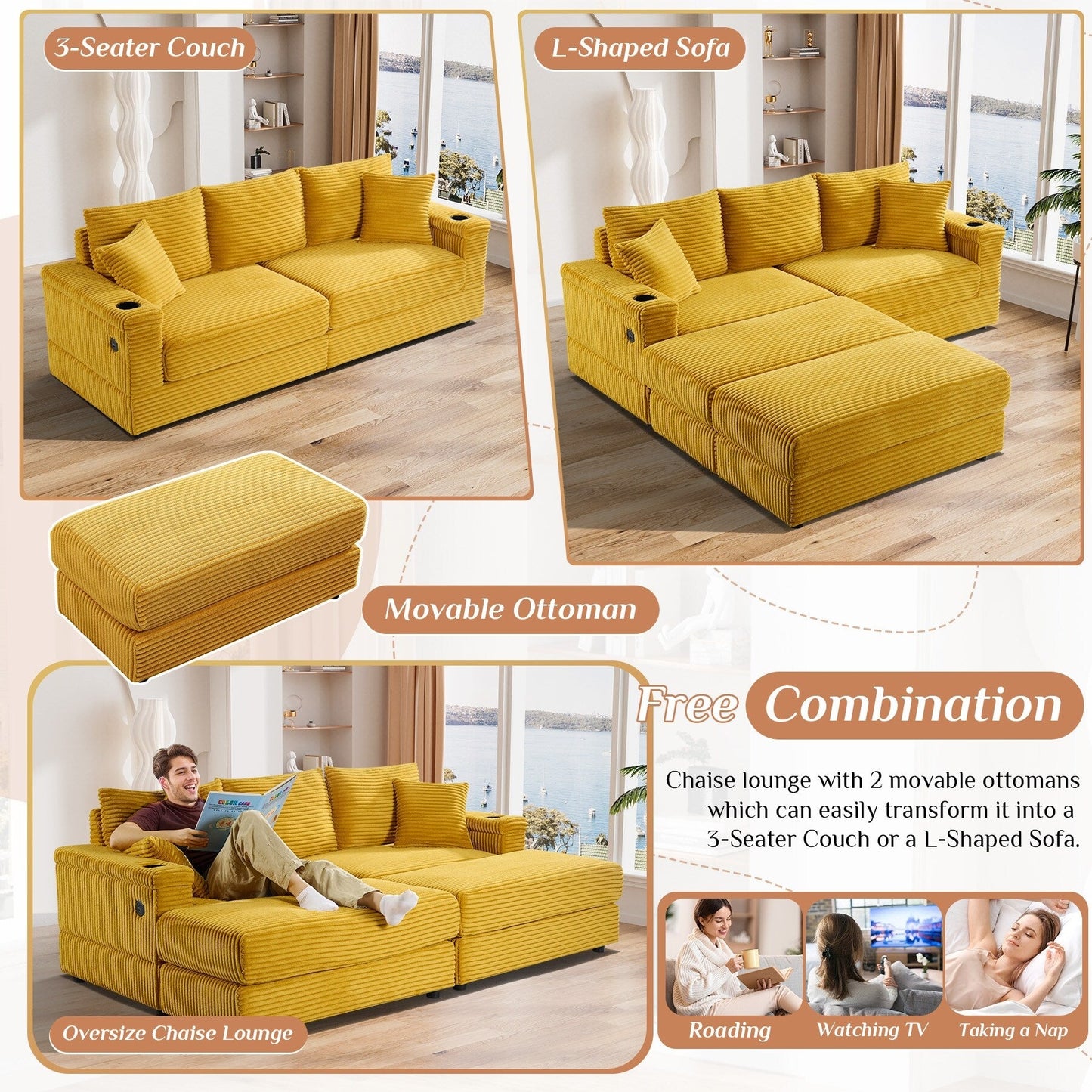 Canapé simple rembourré Ouyessir avec pouf pour salon