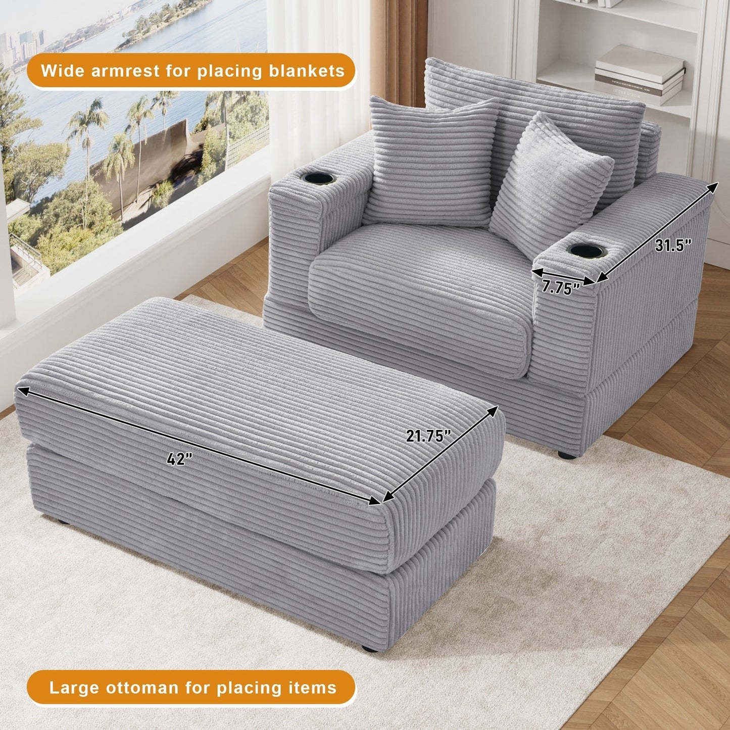 Canapé simple rembourré Ouyessir avec pouf pour salon