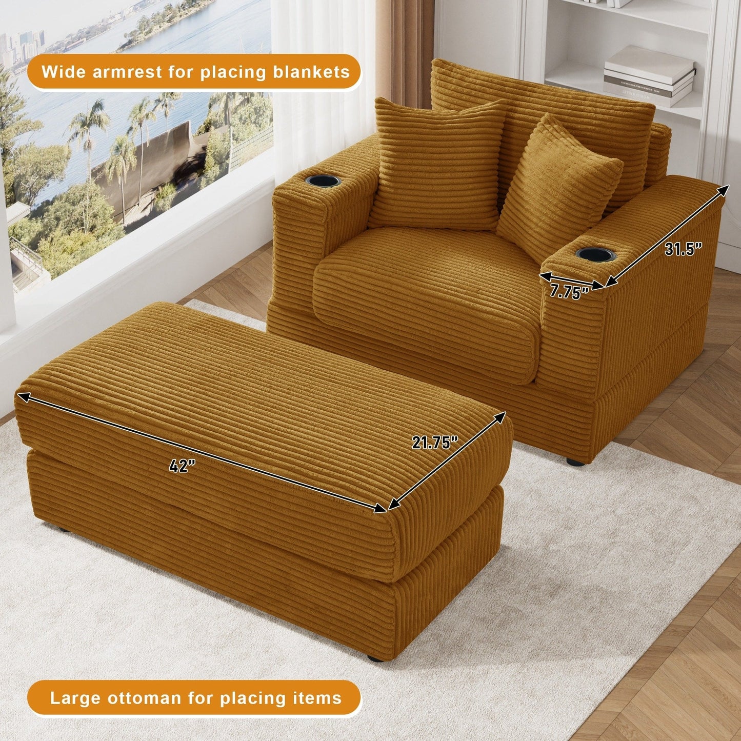 Canapé simple rembourré Ouyessir avec pouf pour salon