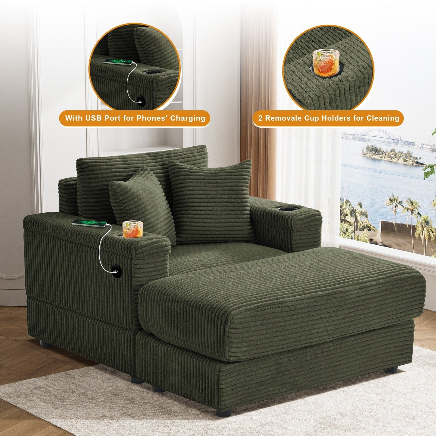 Canapé simple rembourré Ouyessir avec pouf pour salon