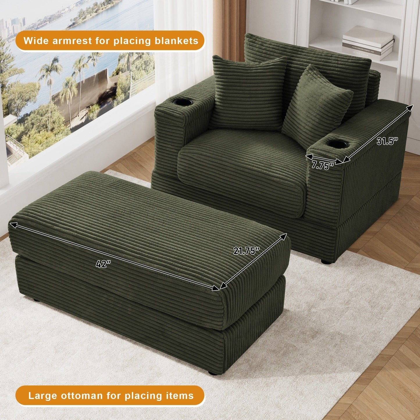 Canapé simple rembourré Ouyessir avec pouf pour salon