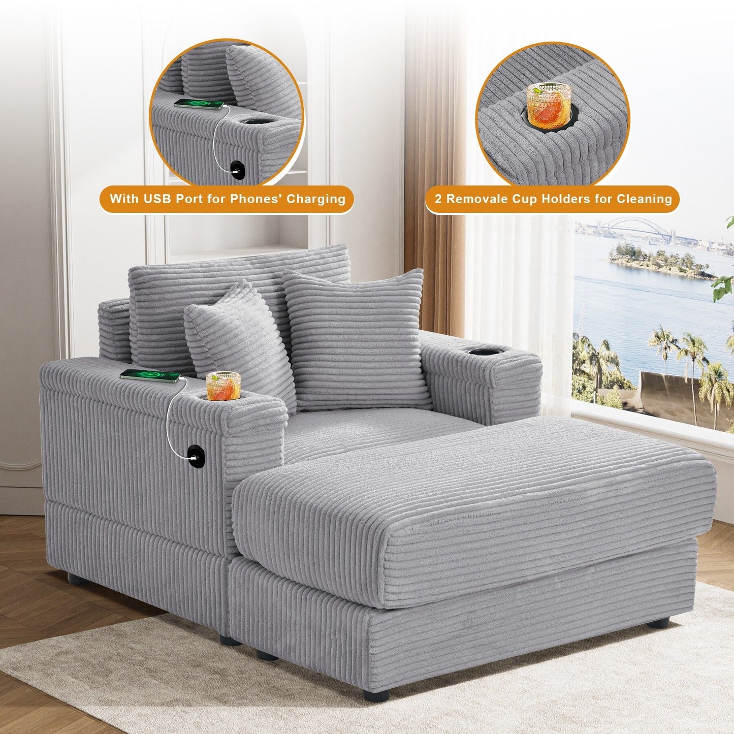 Canapé simple rembourré Ouyessir avec pouf pour salon