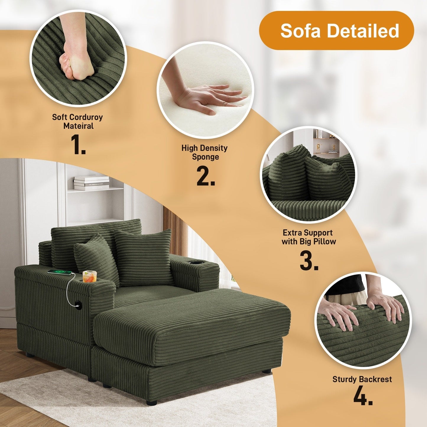 Canapé simple rembourré Ouyessir avec pouf pour salon