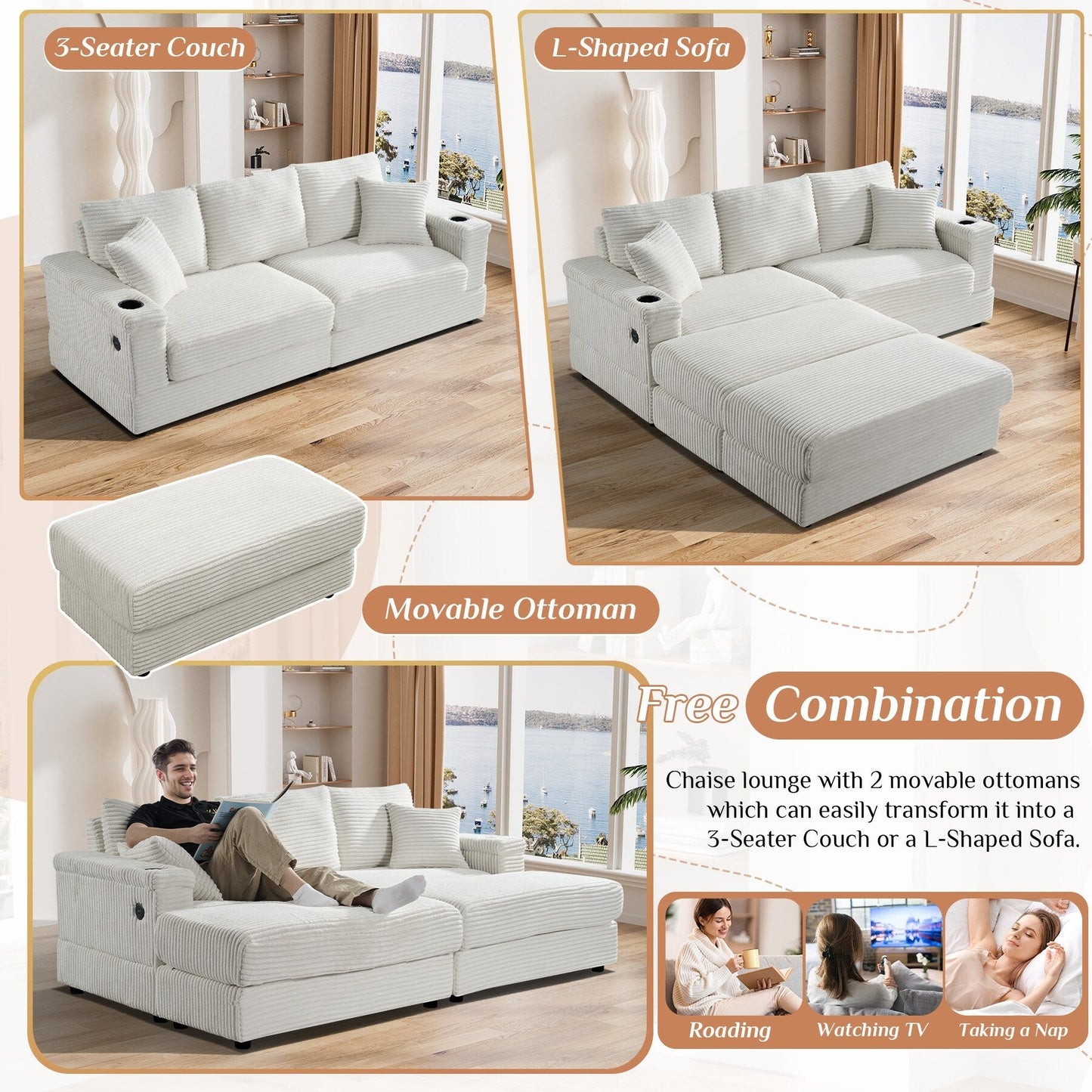 Canapé simple rembourré Ouyessir avec pouf pour salon