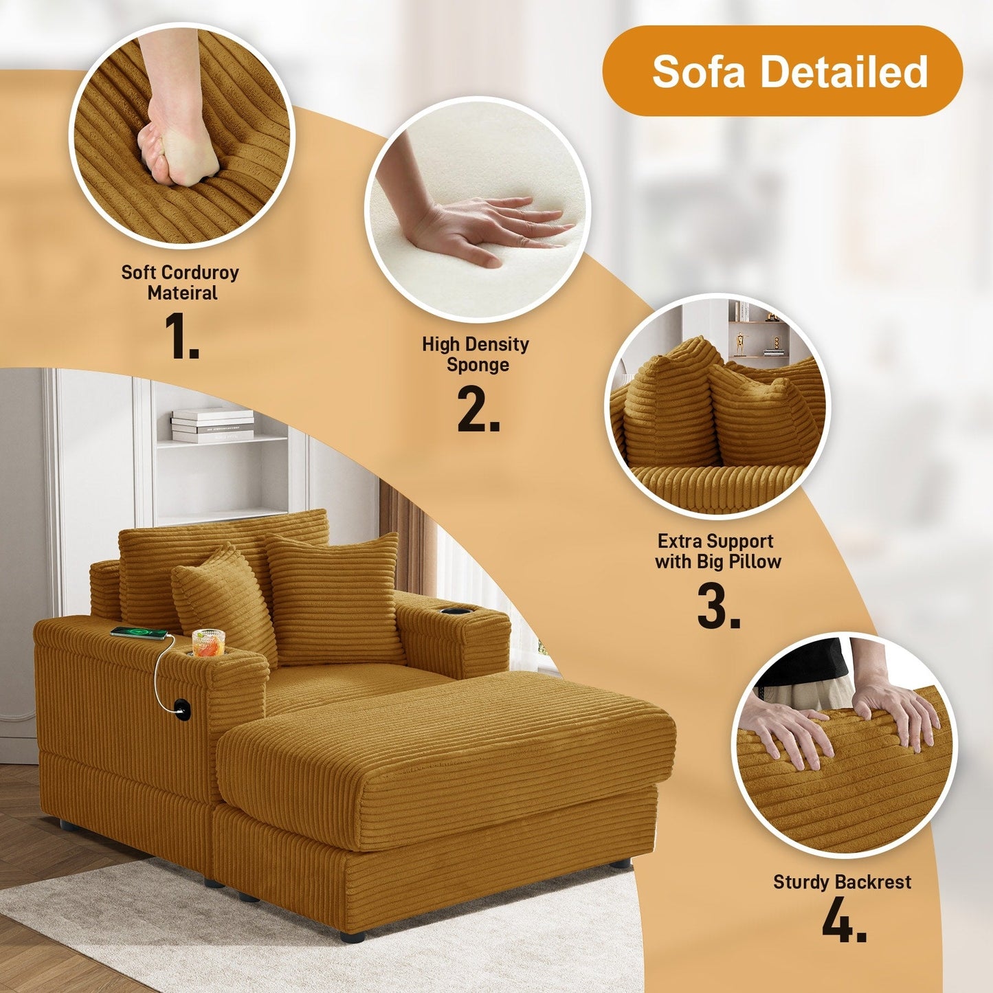 Canapé simple rembourré Ouyessir avec pouf pour salon