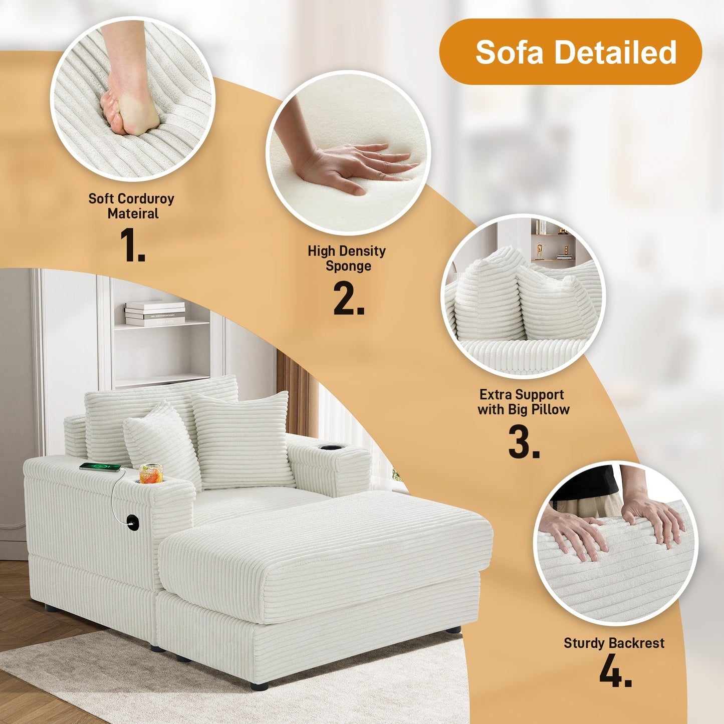 Canapé simple rembourré Ouyessir avec pouf pour salon