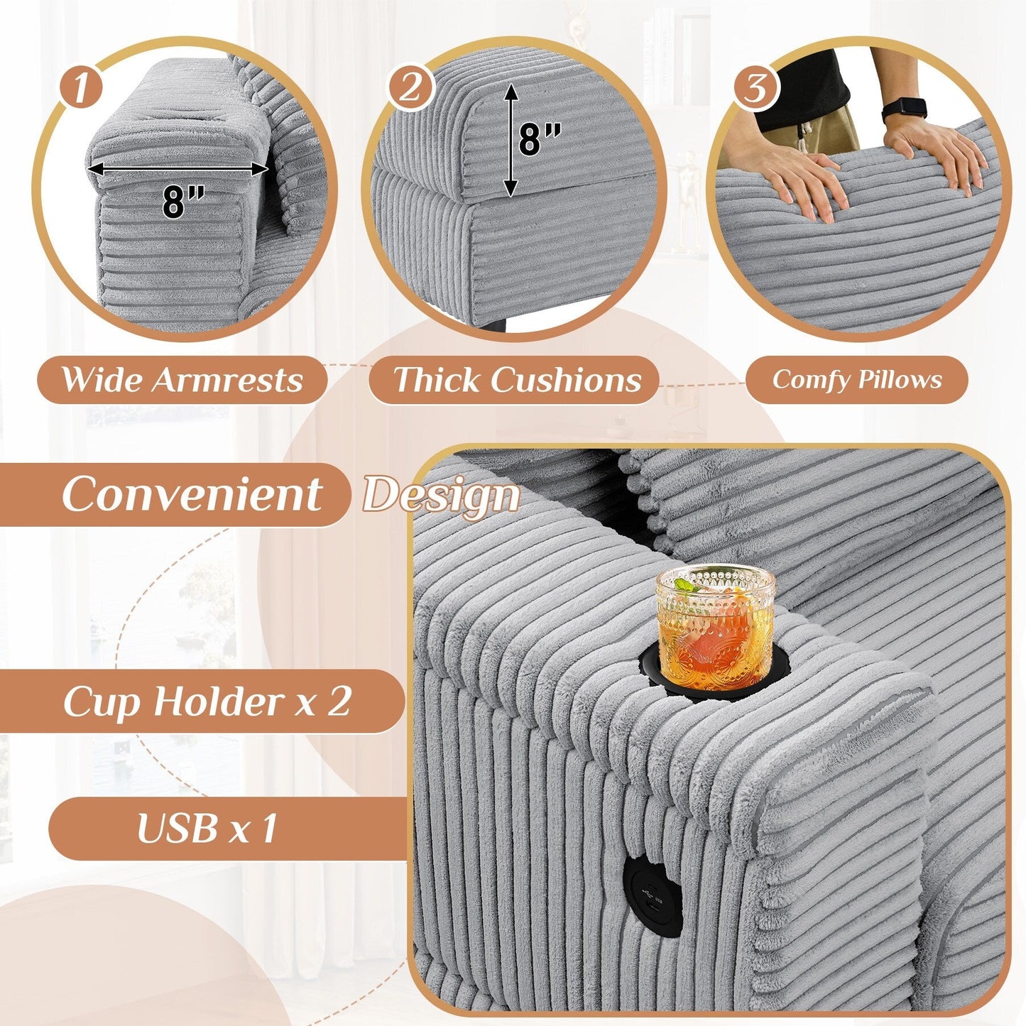 Canapé simple rembourré Ouyessir avec pouf pour salon