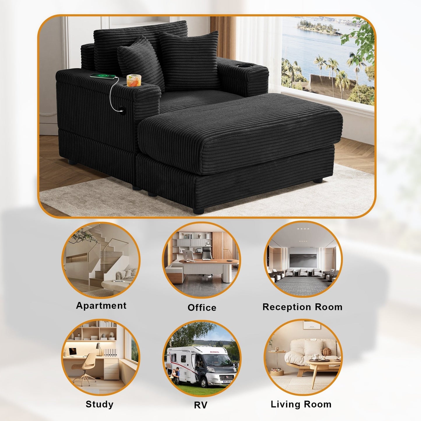 Canapé simple rembourré Ouyessir avec pouf pour salon