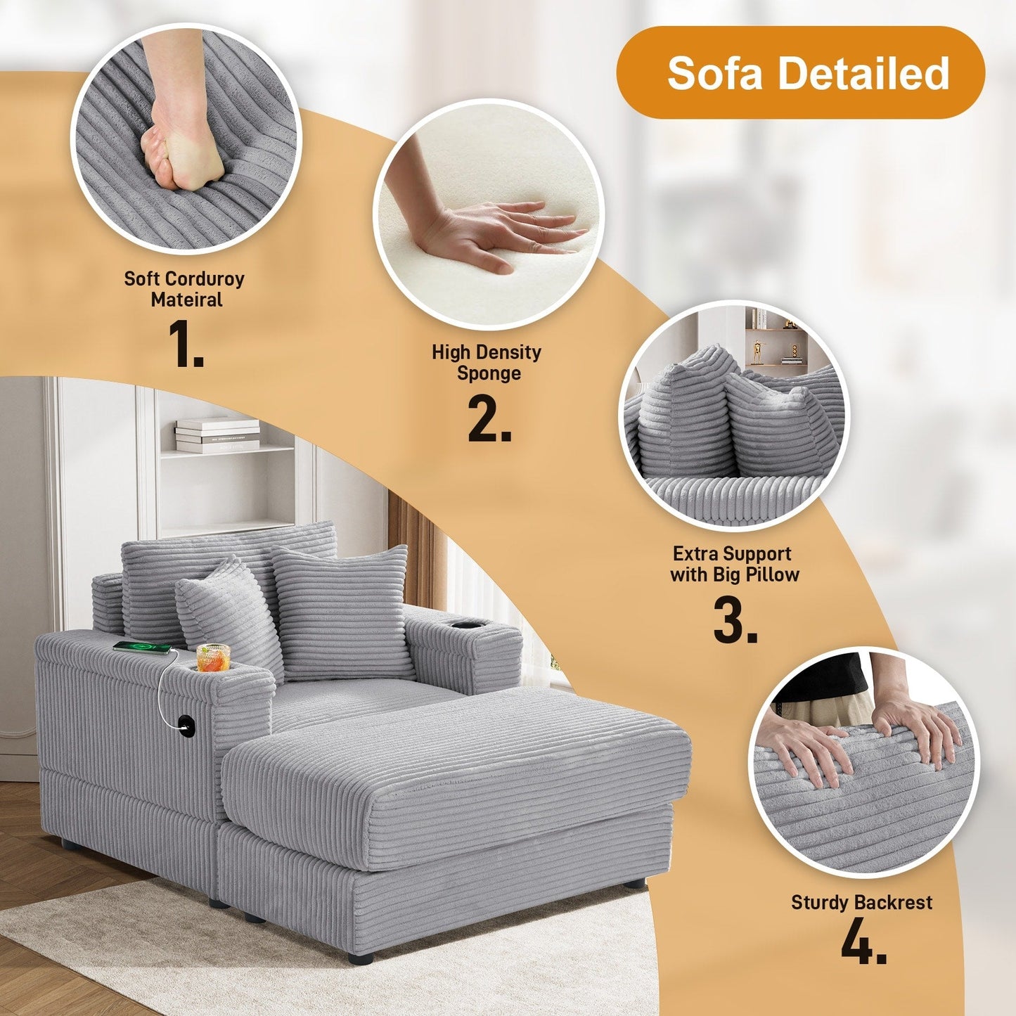 Canapé simple rembourré Ouyessir avec pouf pour salon