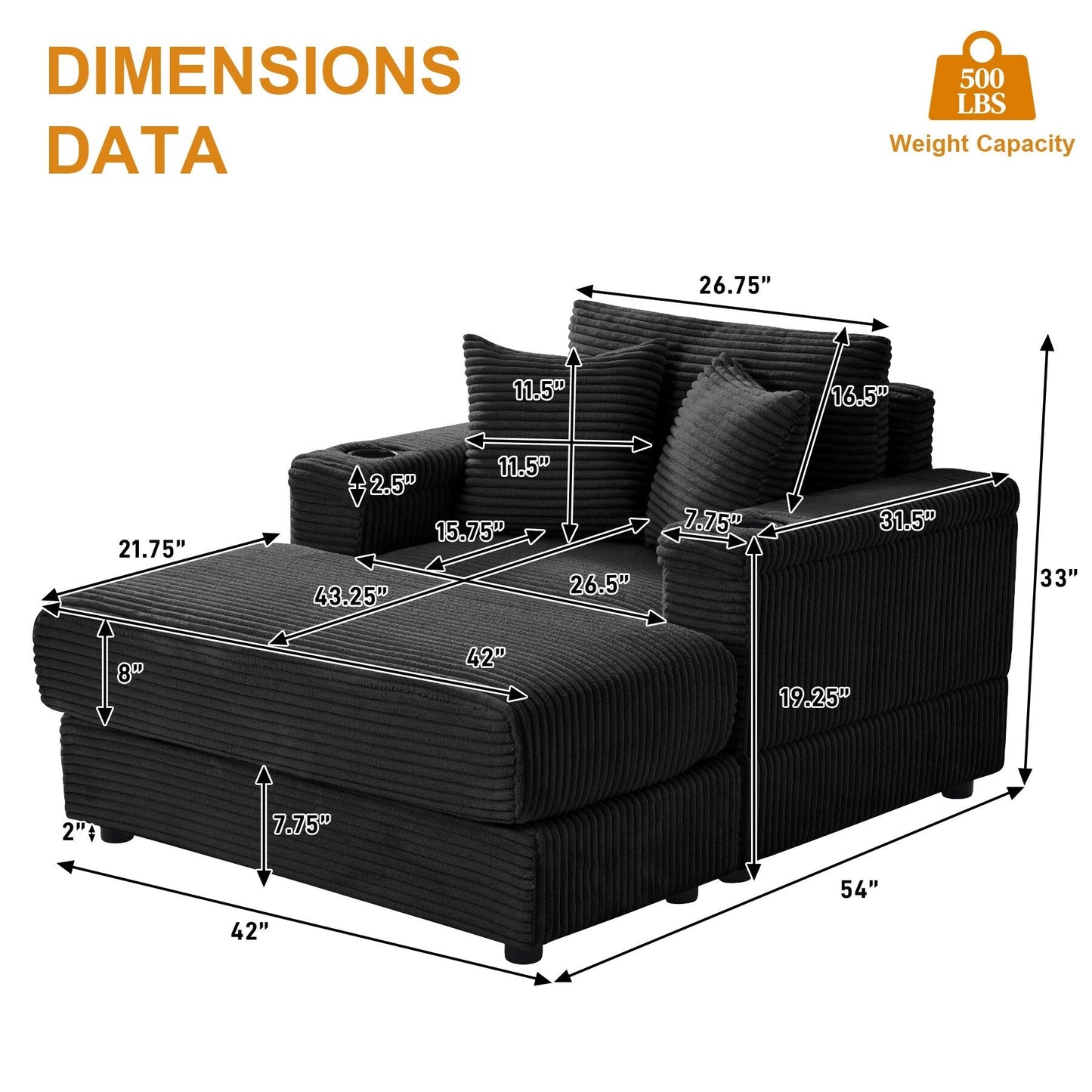 Canapé simple rembourré Ouyessir avec pouf pour salon