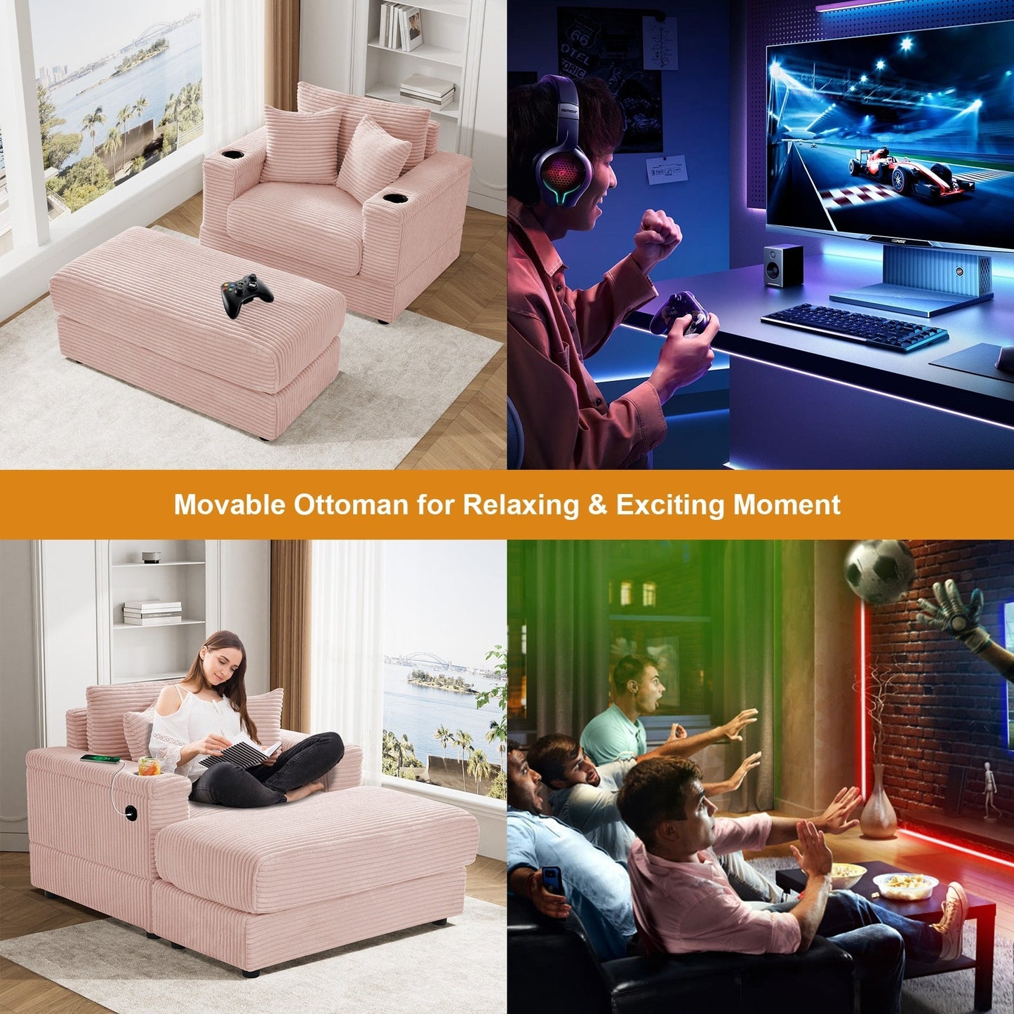 Canapé simple rembourré Ouyessir avec pouf pour salon