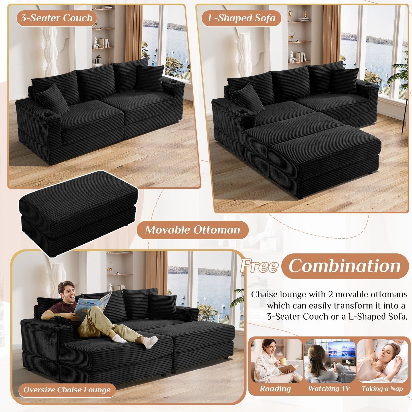 Canapé simple rembourré Ouyessir avec pouf pour salon