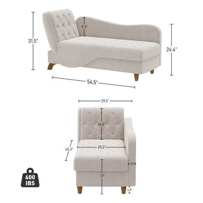 Chaise longue rembourrée Ouyessir avec accoudoir gauche et coussin lombaire