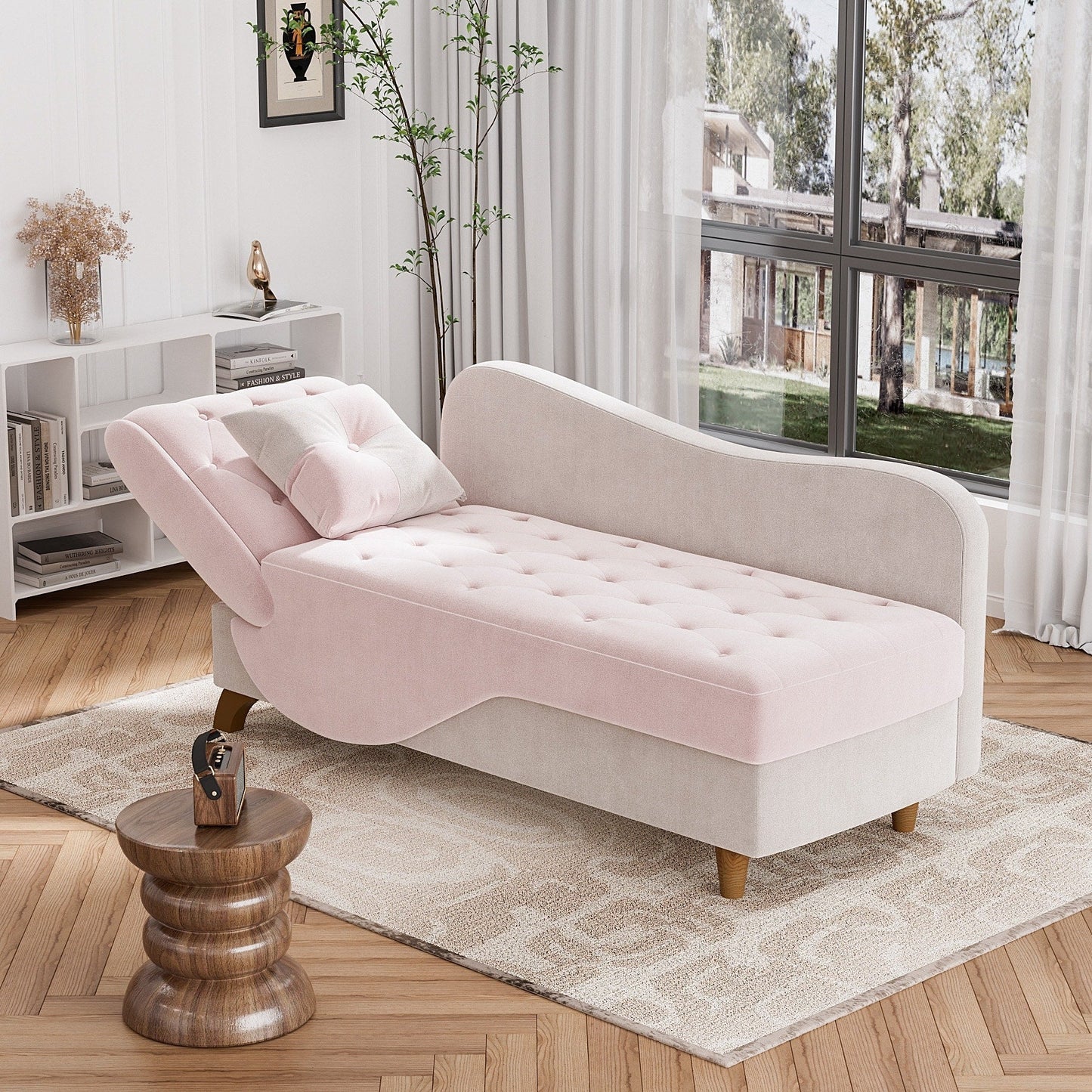 Chaise longue rembourrée Ouyessir avec accoudoir gauche et coussin lombaire