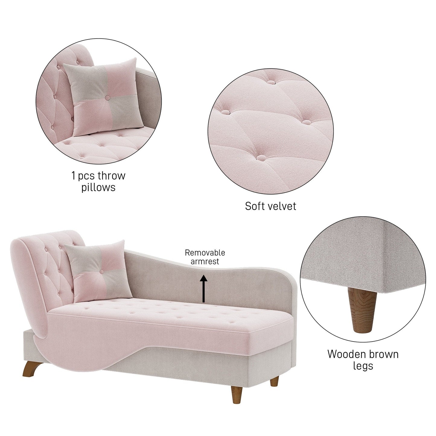 Chaise longue rembourrée Ouyessir avec accoudoir gauche et coussin lombaire