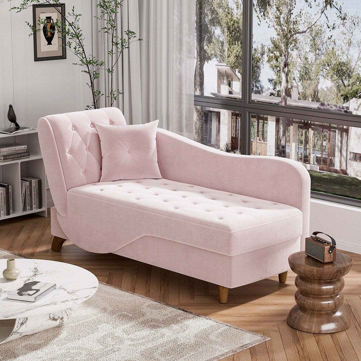 Chaise longue rembourrée Ouyessir avec accoudoir gauche et coussin lombaire