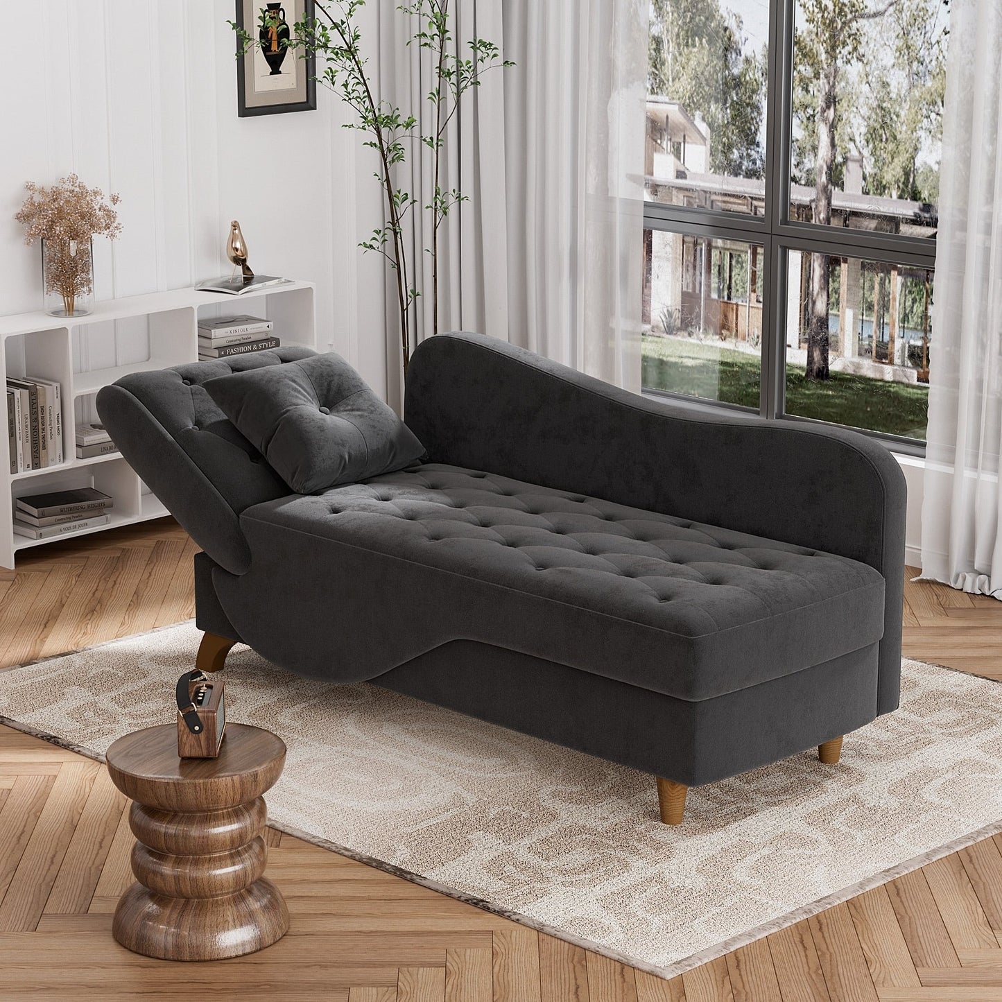 Chaise longue rembourrée Ouyessir avec accoudoir gauche et coussin lombaire