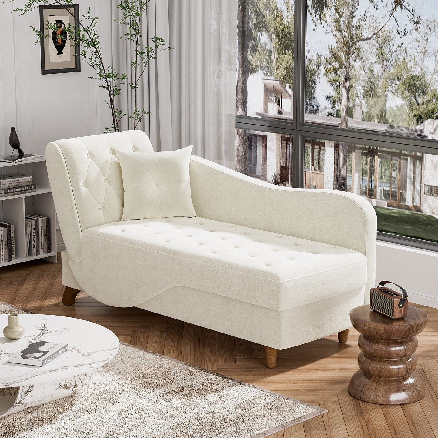 Chaise longue rembourrée Ouyessir avec accoudoir gauche et coussin lombaire