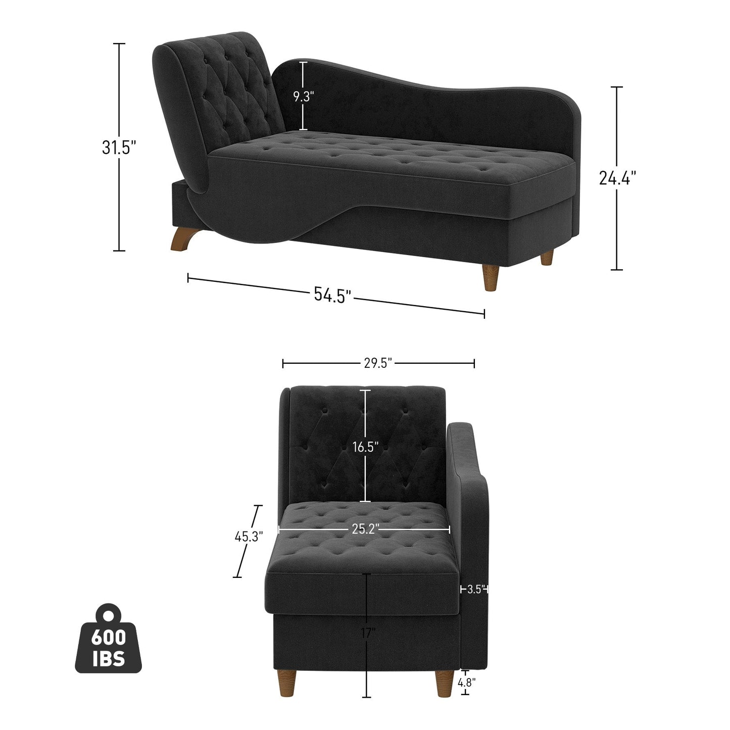 Chaise longue rembourrée Ouyessir avec accoudoir gauche et coussin lombaire